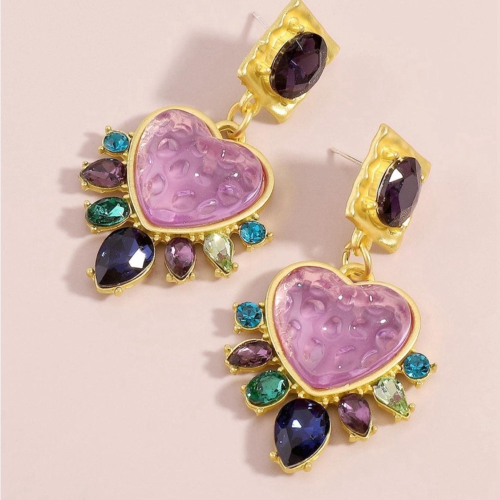 Purple heart statement earrings- gold heart earrings- rhinestones drop earrings